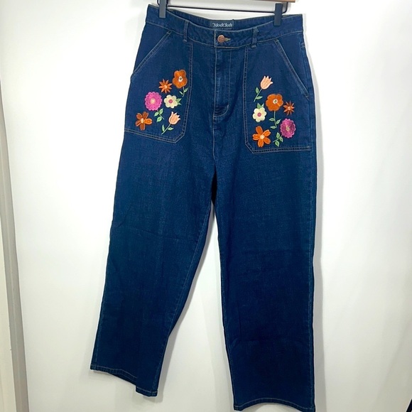 Modcloth Denim - ModCloth X Princess Highway floral embroidered pockets wide leg jeans 16. NWT.
